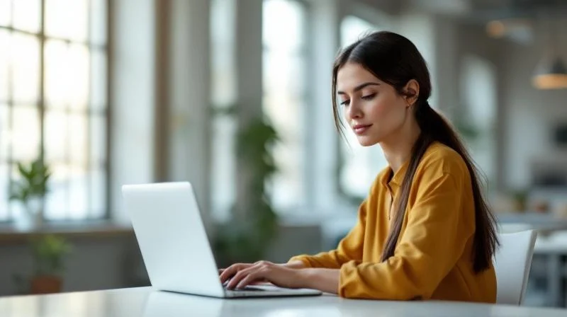 Frau sitzt in einem hellen Chemnitzer Büro und schaut auf ihren Laptop